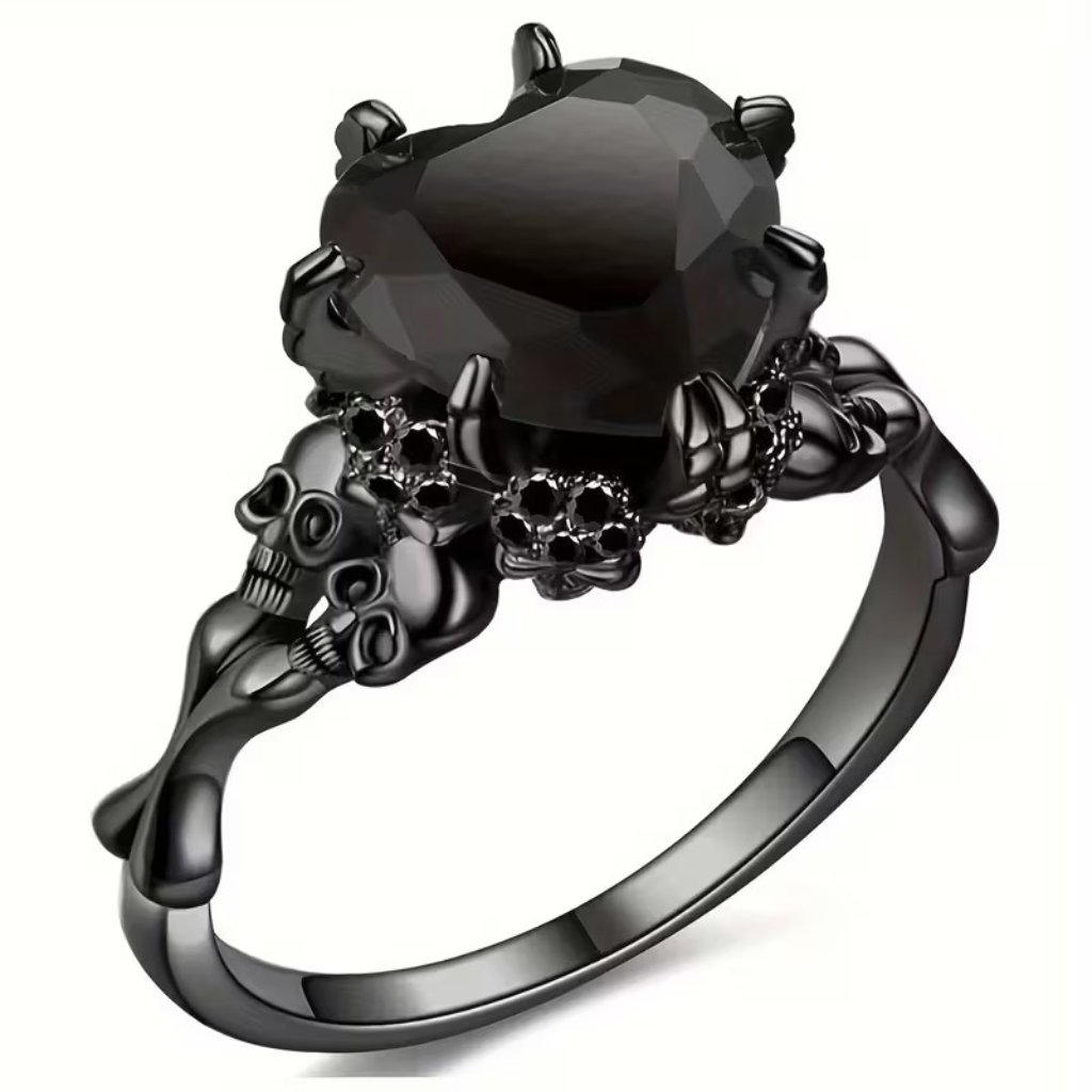 Gothic Black Double Skull Ring With Black Heart Shaped Crystal Z172